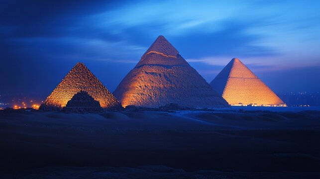 The majestic pyramids under the night sky emphasise the mystery of antiquity and serve as an atmospheric backdrop for historical presentations or tourist brochures.