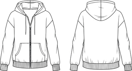 Hoodie technical flat sketch front and back view, zip up sweatshirt template with hood, pocket and rib details vector illustration © MdAnoar