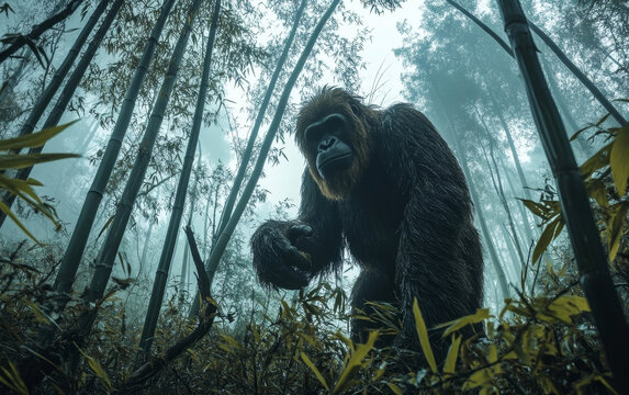 A towering Gigantopithecus emerges from the swirling mist of the ancient, verdant forest, its keen gaze sweeping over the shrouded landscape