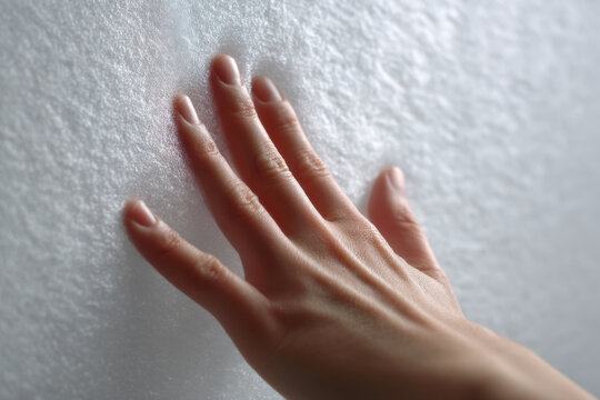 Close-up hand pressing soft silicone, elastic deformation and fine surface texture