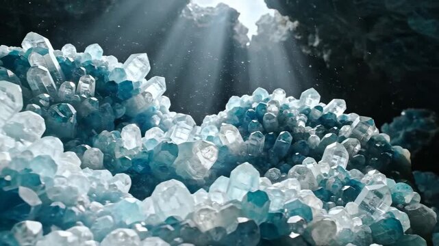 Celestite Crystal Cluster Illuminated by Light Beams