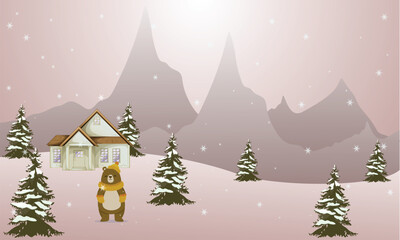 Naklejka premium Charming illustration of a happy bear in a snowy landscape with a cozy cabin and distant mountains, perfect for winter-themed designs