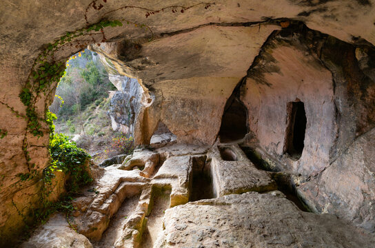 "Las Gobas de La&ntilde;o y Santorkaria", a group of artificial rock-cut caves in La&ntilde;o, in the Trevi&ntilde;o County region. Burgos. Castile and Le&oacute;n. Spain. Europe