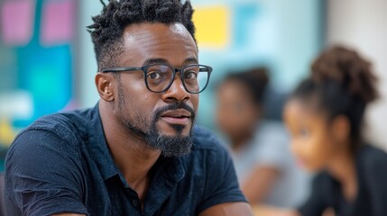 Obraz premium A man wearing glasses listens intently to a lecture, creating an atmosphere of intellectual discourse on the subject of education, the ideal backdrop for presentations on modern teaching methods.