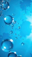 Bubbles float gracefully vibrant blue background, creating serene and refreshing atmosphere. clarity and detail of each droplet enhance visual