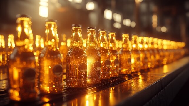 Shiny bottles of drinks on the bar counter, shimmering with golden hues, are ideal for decorating restaurant menus or promotional materials for alcoholic beverages as a stylish backdrop.