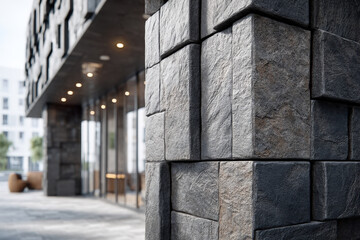 Fototapeta premium Modern stone facade detail with geometric grooves, tactile texture under soft side light