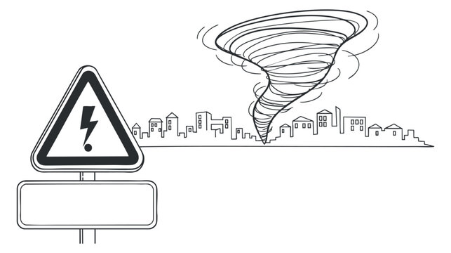 A tornado warning sign with a swirling tornado and a city skyline in black and white outline vector style, suitable for emergency preparedness materials