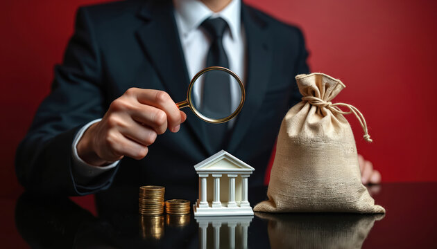 Person in suit holds magnifying glass over bank model and money bag. Financial investigation or audit of bank assets and compliance with anti-money laundering laws.