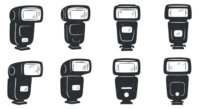 A set of camera flash icons in black and white minimalist vector style, suitable for photography and design projects