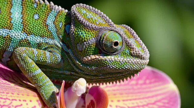 Chameleon with Vibrant Skin Resting on a Pink Orchid
