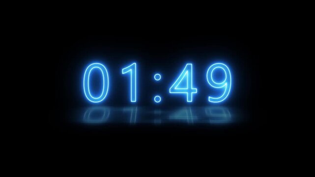 Abstract neon LED timer for 2 minutes countdown with reflection count animation on a black screen. Neon blue digital number clock with reflection.
