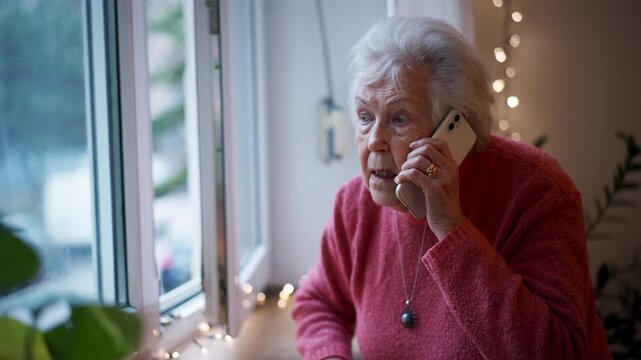 Old woman standing by window, making phone call.