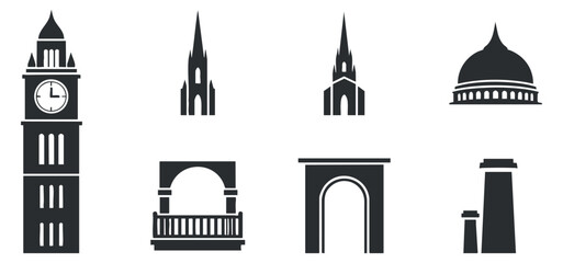 Obraz premium A collection of iconic landmarks including a clock tower, church spires, and arches in black and white minimalist vector style, ideal for travel and cityscape designs