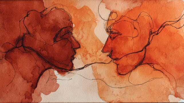 Abstract expression of human connection through line art on textured background