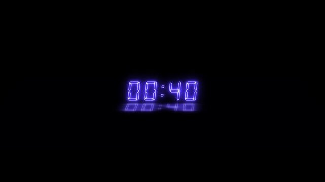 Abstract neon LED timer for 45 seconds countdown with reflection count animation on a black screen. Neon violet digital number clock with reflection.