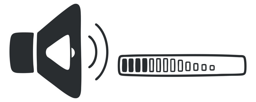 A speaker icon with sound waves and a volume control bar in black and white minimalist vector style, suitable for audio-related projects