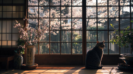 和室の窓から見た桜