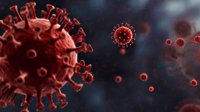 Animation Microscopic red  nipah virus Particles in Medical Science Concept.