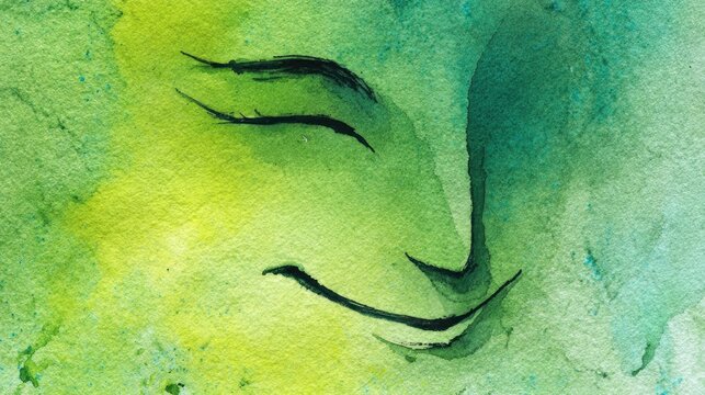 Serene abstract face on watercolor texture with green and blue hues for art and design projects