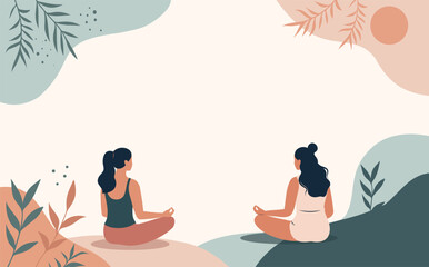 Obraz premium Vector illustration of two women meditating in the yoga lotus position, soft pastel botanical elements. Calm with ample space for text. For content health, mindfulness, yoga, self-care
