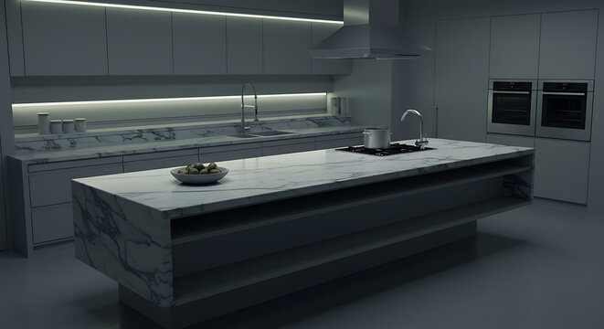 Sleek monochromatic kitchen interior featuring an opulent white marble island and integrated appliances, dramatically illuminated by subtle ambient LED lighting.