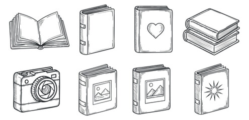 A collection of illustrated books and a camera in outline vector style, perfect for educational and creative projects