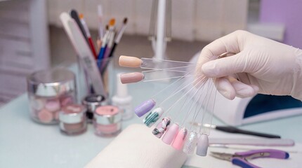Nail technician holds color swatches in a beauty salon during a manicure appointment with various nail polish shades on display
