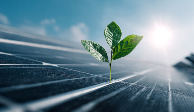 Green leaf sprout with textured surface and vibrant coloration growing in front of a solar panel under bright sunlight, symbolizing renewable energy and nature conservation