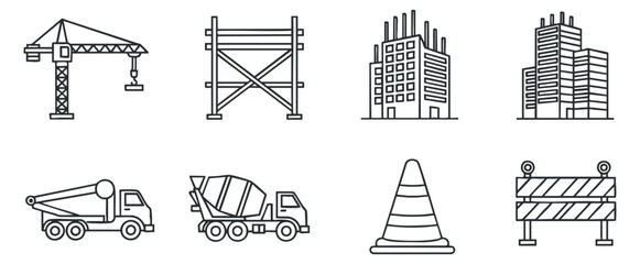 A collection of construction icons including a crane, scaffolding, cement truck, and safety cone in minimal outline vector style, perfect for construction and engineering projects