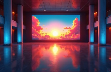 Naklejka premium Large screen displays sunrise over clouds in modern lobby. Sleek interior with columns and reflective floor. Dramatic lighting creates vibrant atmosphere.