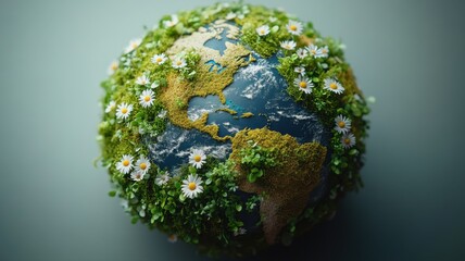 Lush Green Earth Covered in Daisy Flowers earth green lush flowers planet globe nature environment