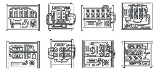 Naklejka premium A collection of electrical power distribution panels and circuit designs in black and white outline vector style, suitable for technology and engineering projects