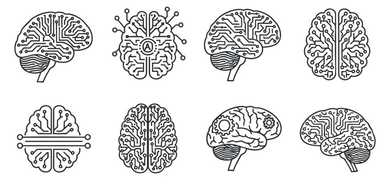 A collection of brain icons with circuit designs in modern outline vector style, suitable for technology and innovation projects