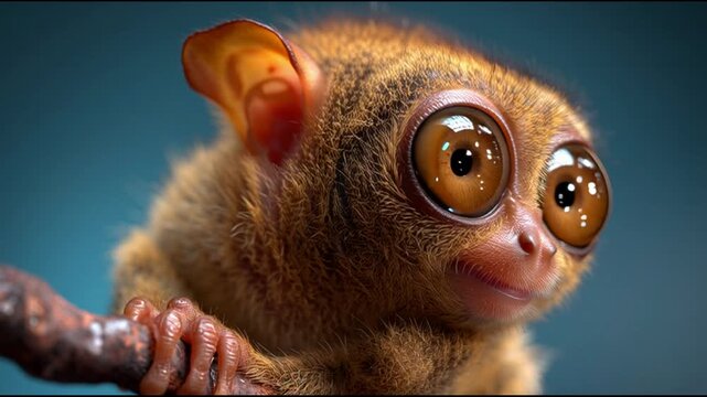 Close-up portrait of a pygmy tarsier perched on a branch against a dark blue background with large eyes and brown fur.