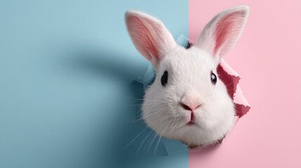 Fototapeta premium White Easter bunny peeking through torn paper hole with pink and blue background perfect for playful holiday content and modern greeting designs 