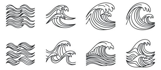 A collection of wave illustrations in minimalist line art style, perfect for ocean-themed designs and branding