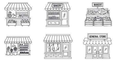 Obraz premium A collection of outline illustrations featuring various storefronts including a bakery, market, and general store in minimalist black and white vector style, suitable for retail design projects.
