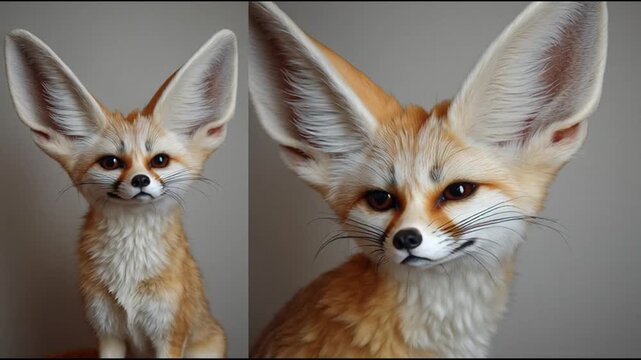 A pair of fennec foxes with oversized ears looking directly at the camera against a plain gray background.