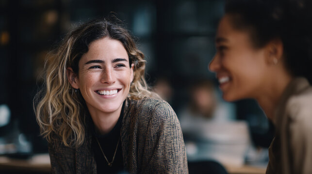 Two smiling young women chatting and laughing together in a modern office setting indoors
