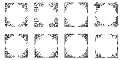 Obraz premium A collection of decorative floral frames and borders in black outline vector style, ideal for invitations and creative projects