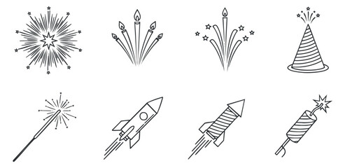 Fototapeta premium A collection of fireworks, rockets, and party hats in black and white outline vector style, suitable for celebration and event designs