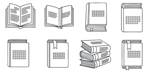 Fototapeta premium A collection of various book illustrations in black and white outline vector style, ideal for educational and publishing projects
