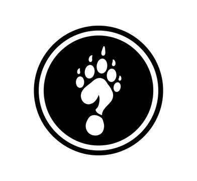 A black and white circular logo featuring a question mark formed by a paw print, symbolizing curiosity, mystery, and animal identification or tracking