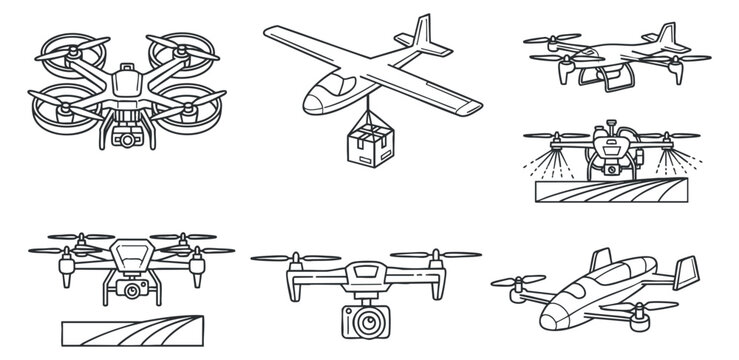 A collection of various drone illustrations, including quadcopters, fixed-wing drones, and delivery models in minimalist outline vector style, suitable for technology and innovation projects