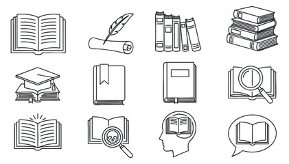 A collection of education-themed icons featuring books, graduation caps, and writing tools in minimalist black and white vector style, ideal for educational materials and branding