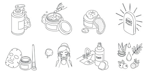 Fototapeta premium A collection of skincare and beauty products including bottles, creams, and a woman in outline vector style, ideal for wellness and beauty branding