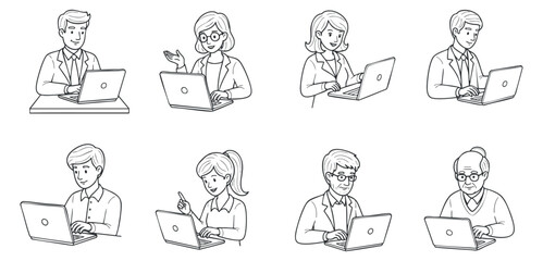 Fototapeta premium A collection of diverse business professionals working on laptops in a simple line art vector style, ideal for corporate and educational projects