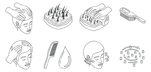 A set of hair care and grooming icons featuring various hairstyles, tools, and treatments in minimalist black and white vector style, ideal for beauty and wellness projects