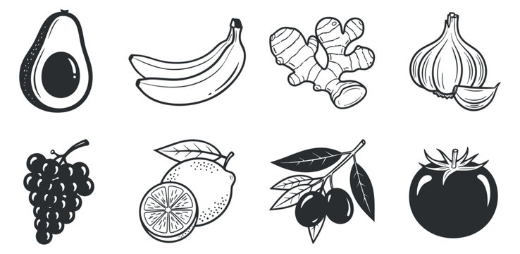 A collection of various fruits including avocado, bananas, grapes, lime, figs, and tomato in black and white minimalist vector style, perfect for healthy food packaging